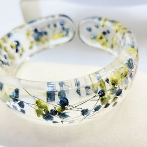 Vintage Floral Resin Cuff Bracelet • Clear w/ Blue & Green Botanicals